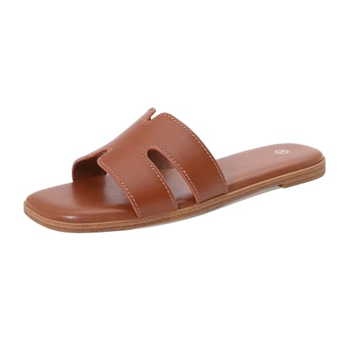 Shion ShaaYii Women's Slide Sandals Comfortable Flat Slip On Leather Sandals (Brown, US Footwear Size System, Adult, Women, Numeric, Medium, 9) | Amazon (US)