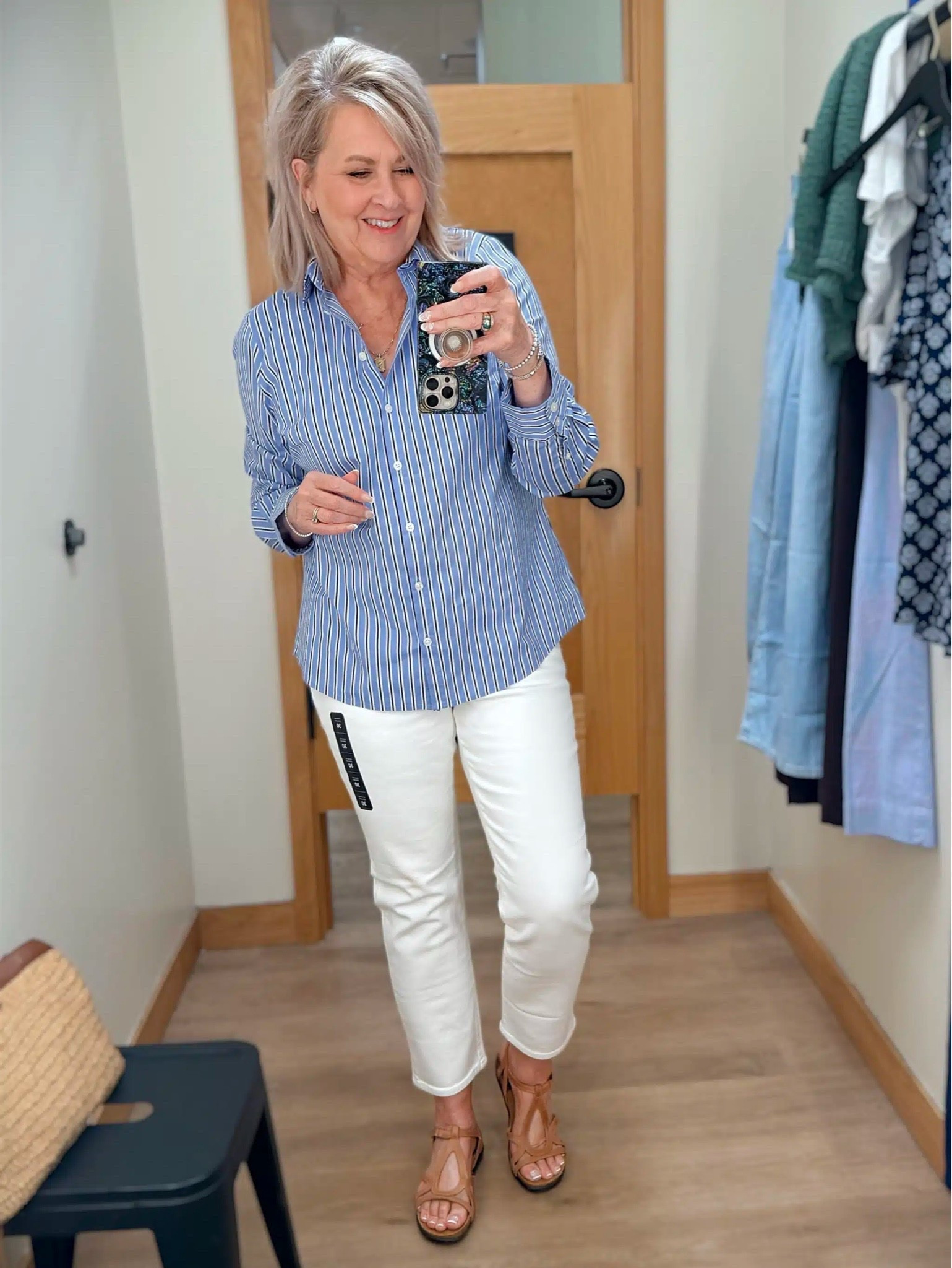 You can’t go wrong with a classic blue and white outfit! My shirt is a size large and one that can be worn in any season. My white stretch jeans are a 30.

#LTKootd #LTKWorkwear #LTKOver40