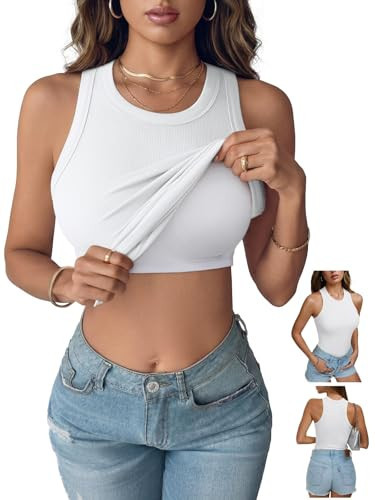 REORIA Women's Built in Bra Tank Tops Racerback Ribbed Padded Sleeveless Shirts Fitted Casual Dressy Cute Summer Cruise Outfits 2026 White Small | Amazon (US)