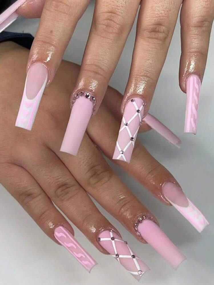 24pcs Long Coffin Rhinestone Decor Fake Nail & 1sheet Tape & 1pc Nail File | SHEIN