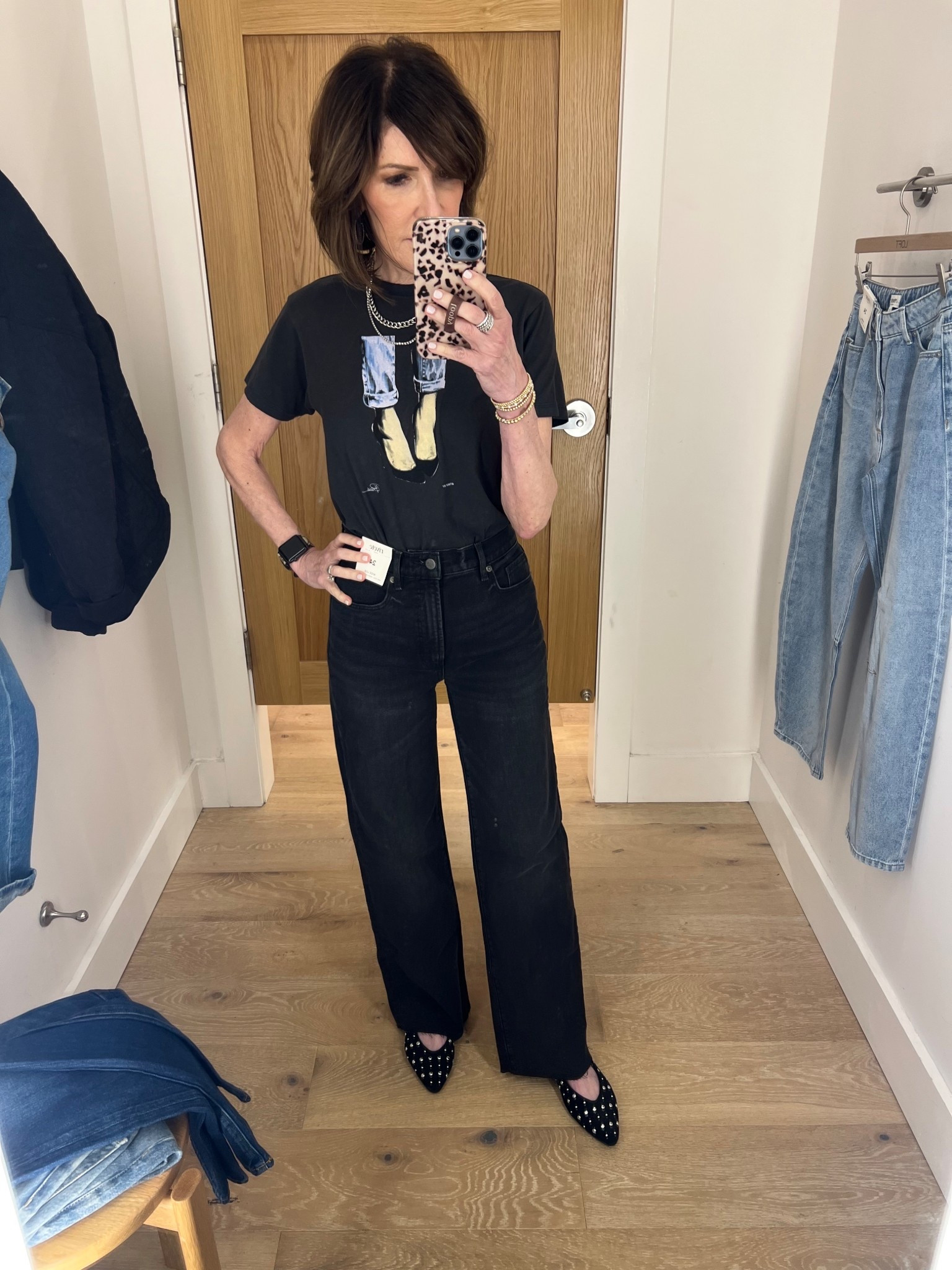 high waist black wide leg jeans, graphic tee, studded ballet flats, gold earrings, over 50 outfits 

#LTKSeasonal #LTKOver40 #LTKootd