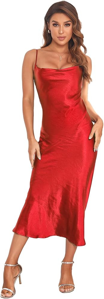 Women's Spaghetti Strap Midi Satin Silk Dresses Slip Cowl Neck Party Cocktail Evening Sexy Dress | Amazon (US)