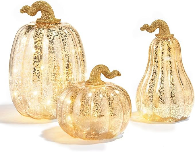 Gold Glass Pumpkin with Lights - Set of 3, Mercury Glass Style, Batteries Included, Thanksgiving ... | Amazon (US)