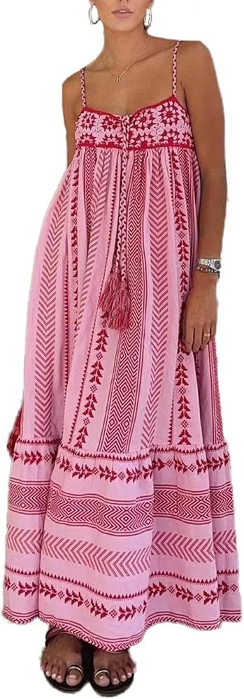 Women Boho Cami Long Dress Spaghetti Strap Dresses Collarless Tassel Geometric Pattern Crochet Pa... | Amazon (US)