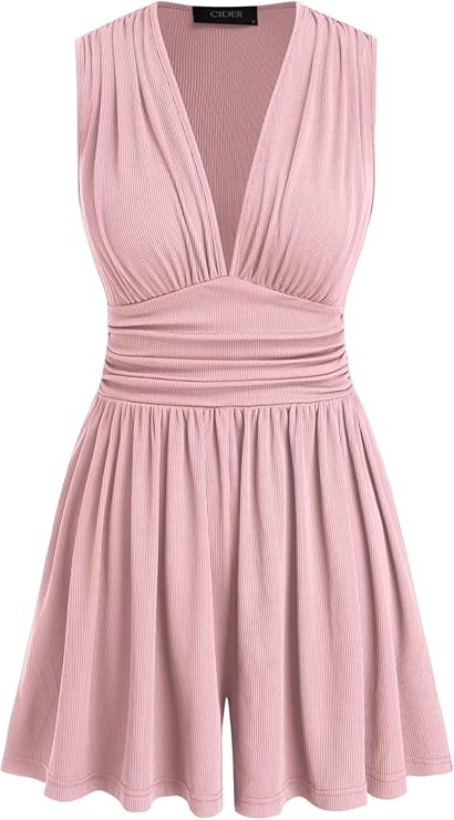 CIDER Women V-neck Solid Ruched Pocket Short Romper Sleeveless Jumpsuits | Amazon (US)
