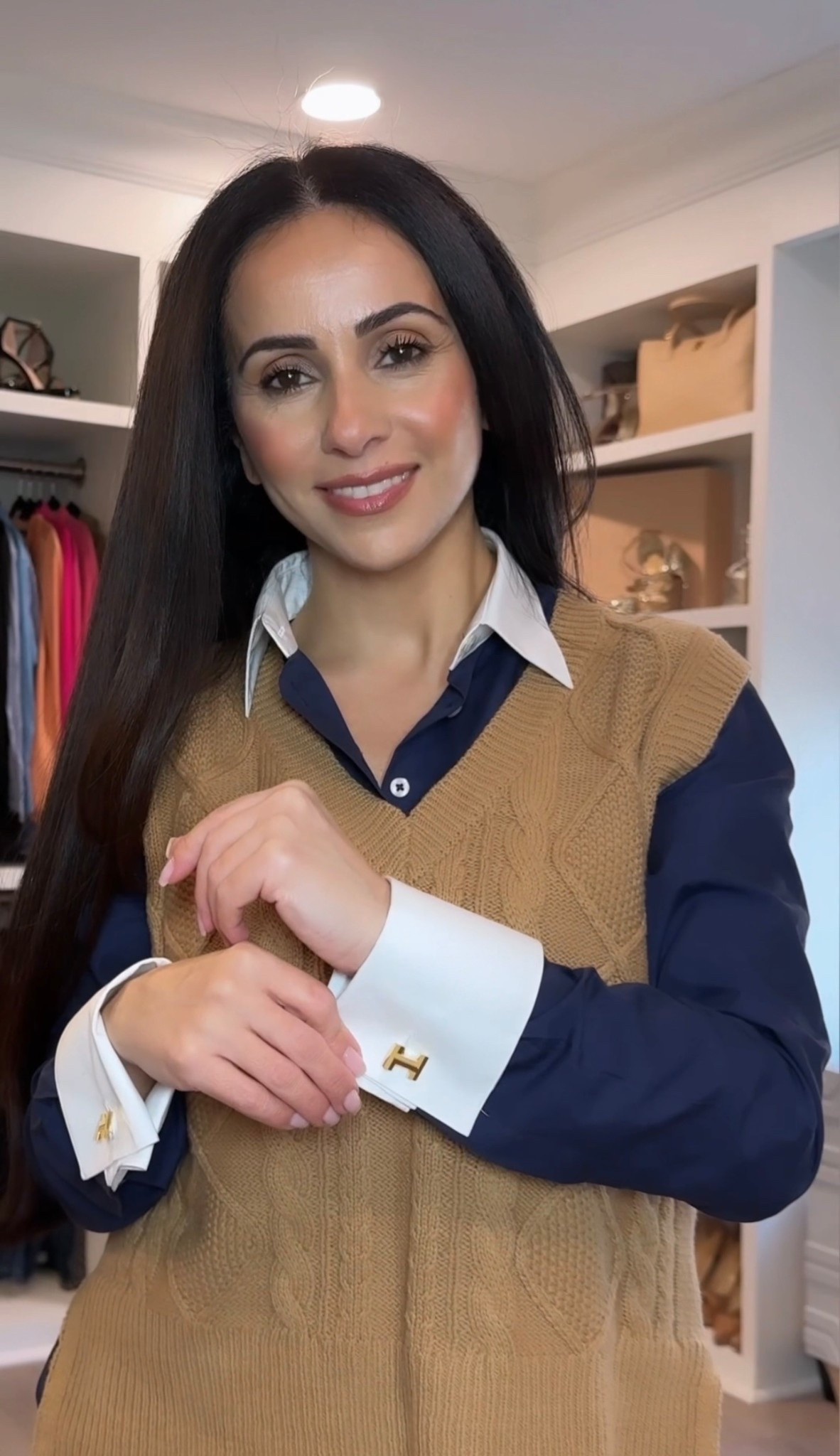 Classic French cuff button-up + slv less ribbed sweater + Hermes cuff links 

Sweater size: small 
Button-up size: 2us (could have went up a size) 

Rita salmo| Petite fashion | elevated style | amazon fashion finds 

#LTKOver40 #LTKootd #LTKPetite