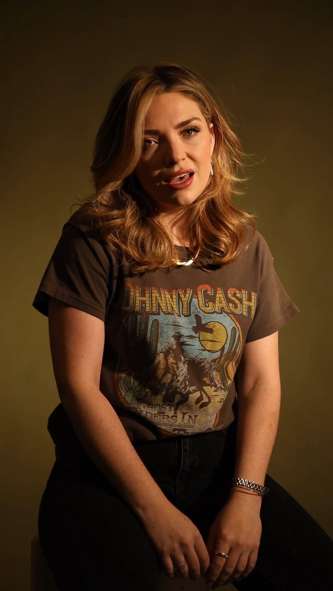 Everything you need to twin with me for this look! Some of my classic and favorite gold jewelry with a bit of an edge with a vintage Johnny cash shirt! This song is coming out this Friday and I can’t wait!! I’ll be sharing all the looks for this song here 💕