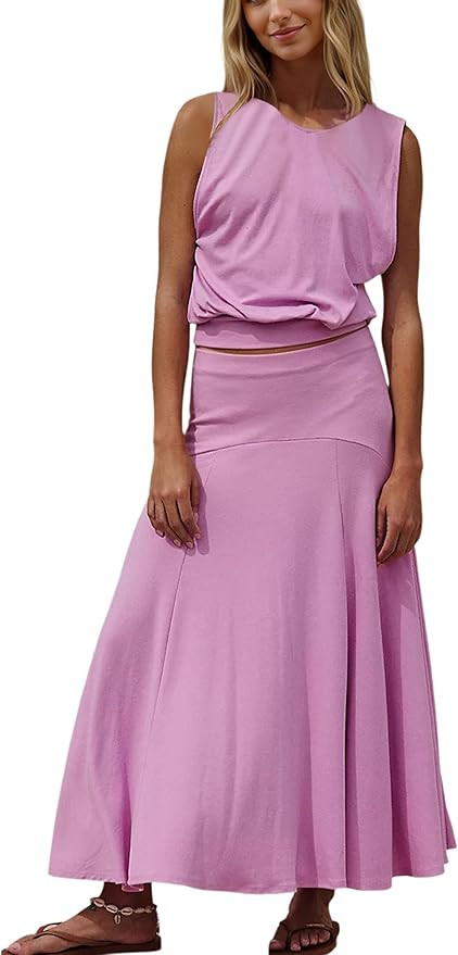 Summer Skirt Sets for Women Causal Matching Outfits V Neck Tank Top Elastic Low Waistband Loose A... | Amazon (US)