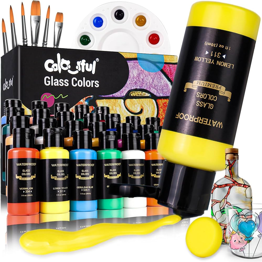 Colorful Stain Glass Paint Set with 6 Brushes, 1 Palette & 1 Sponge, 26 Colors Waterproof Permane... | Amazon (US)