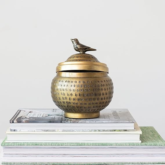 Creative Co-Op, Brass Round Hammered Metal Container with Bird Finial, Finish | Amazon (US)
