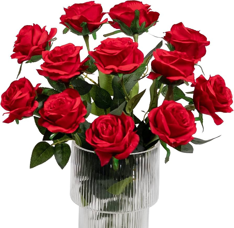 Kisflower 12Pcs Roses Artificial Flowers Realistic Single Stem Flowers Silk Rose Bouquet for Wedd... | Amazon (US)