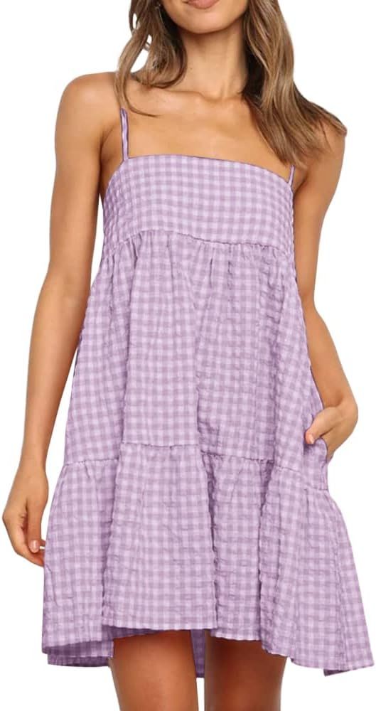 LPCBDEE Womens Plaid A-line Dresses Shoulder Straps Ruffle Hem Casual Mini Dress with Side Pocket | Amazon (US)