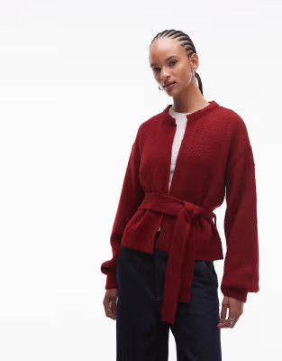 ASOS DESIGN knitted oversized cardigan with wool with tie waist in red | ASOS | ASOS (Global)