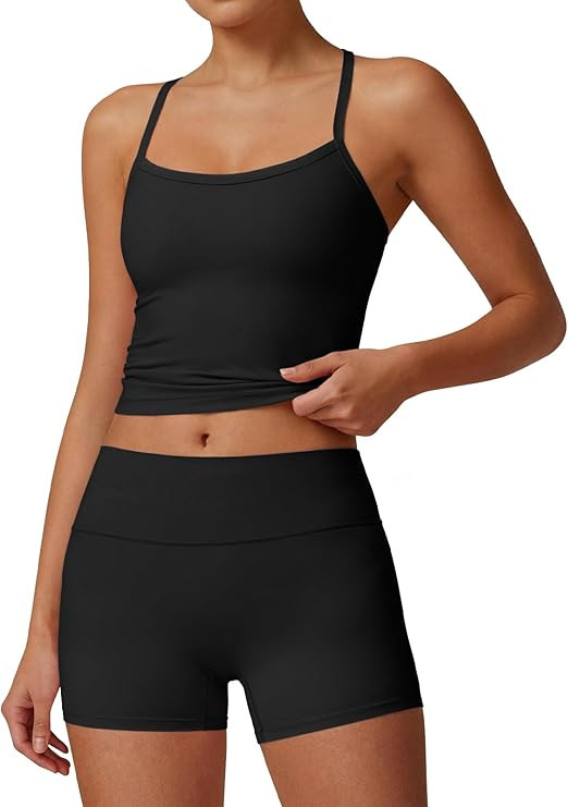Aoysky Womens Buttery Soft 2 Piece Workout Sets High Waisted Booty Biker Shorts Halter Padded Tan... | Amazon (US)