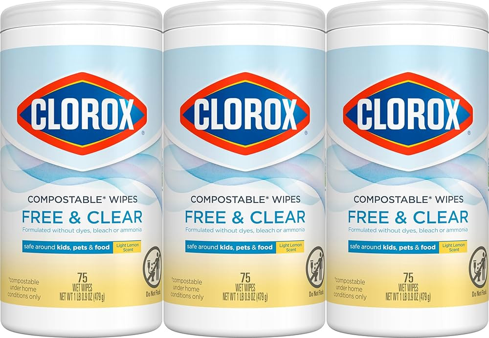 Clorox Free & Clear Compostable Cleaning Wipes, Light Lemon Scent, 75 Count, Pack of 3 (Pack May ... | Amazon (US)