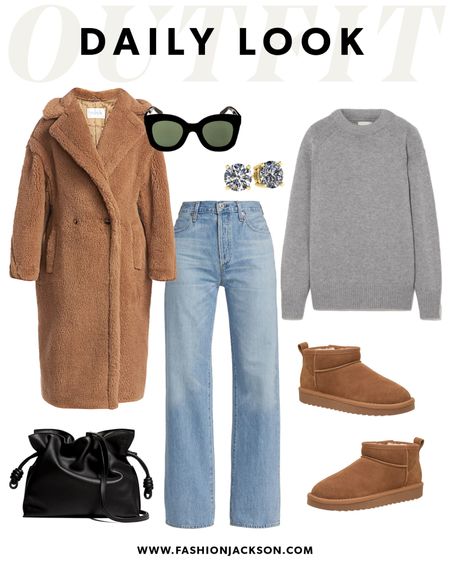 Tan teddy coat, grey sweater, wide leg trousers jeans, mini Ugg boots (dupes? Winter outfit, cozy outfit #outfitinspo 

#LTKshoecrush #LTKunder100 #LTKstyletip