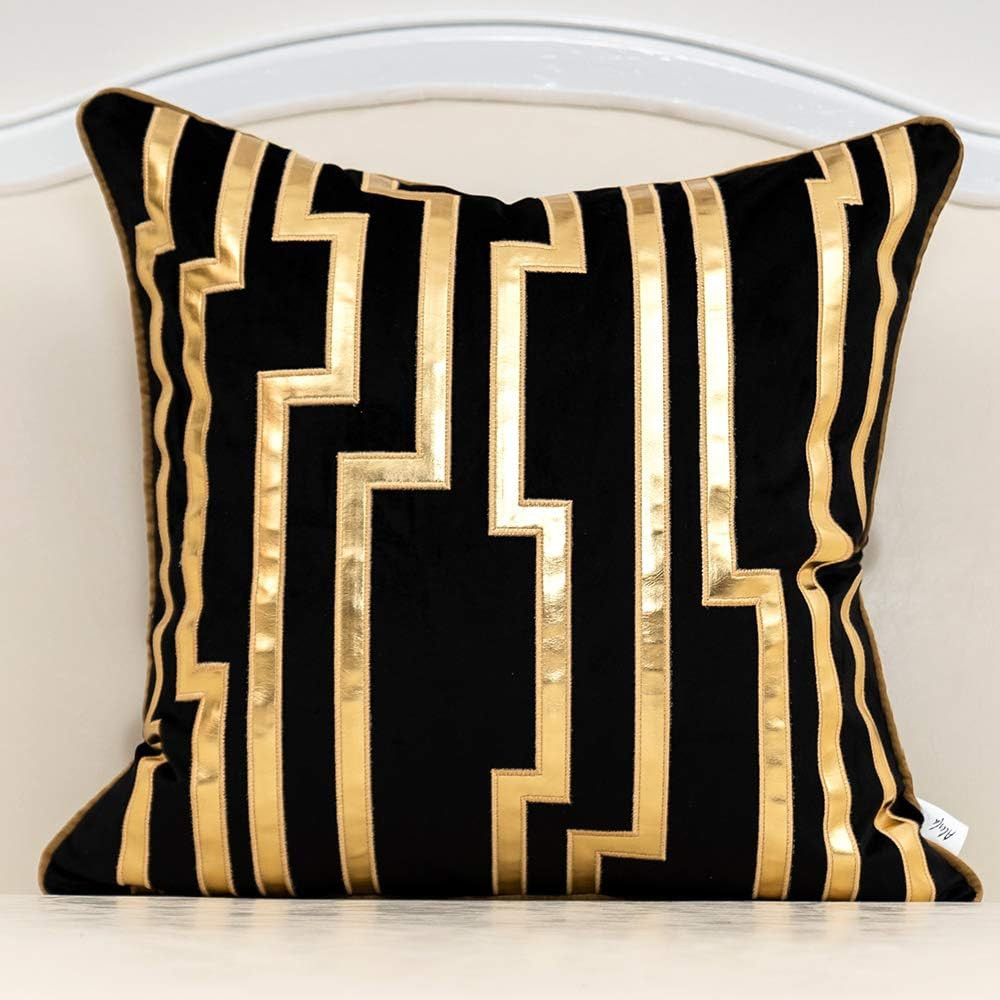 Alerfa 18 x 18 Inches Black Geometric Gold Leather Striped Cushion Cases Luxury European Throw Pillo | Amazon (US)