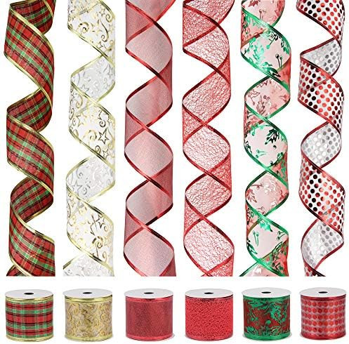VATIN Christmas Ribbon,Wired Holiday Party Ribbons Assorted Plaid Dot Holly Patterns Decorations,... | Amazon (US)