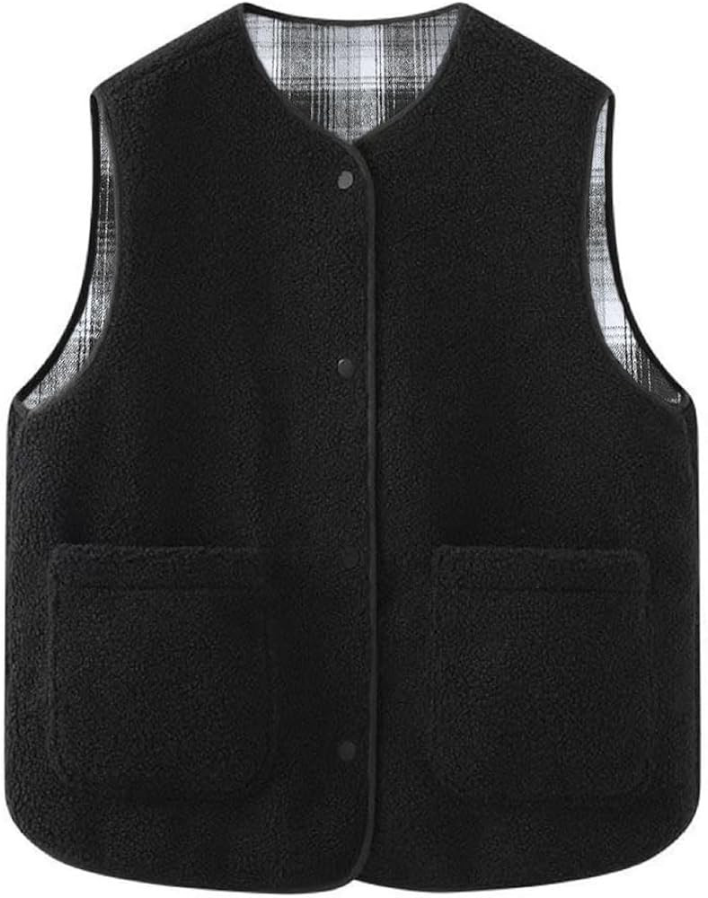 Women's Fuzzy Sherpa Fleece Vest Casual Button Down Waistcoat Sleeveless Gilet Reversible Plaid O... | Amazon (US)
