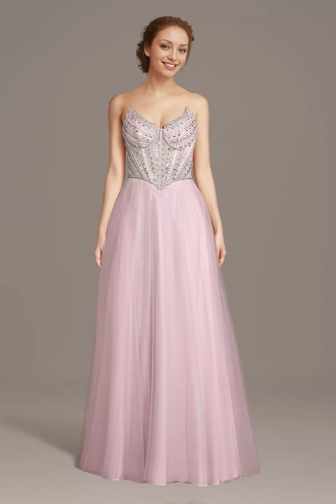 Pointed Neckline Strapless Beaded A-Line Dress | David's Bridal
