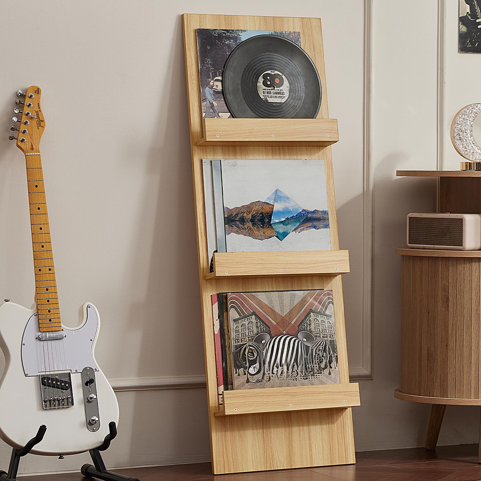 LELELINKY Wall-Leaning Vinyl Record Holder with 3 Tier Display Shelf, 47.5'' Tall Record Storage ... | Amazon (US)