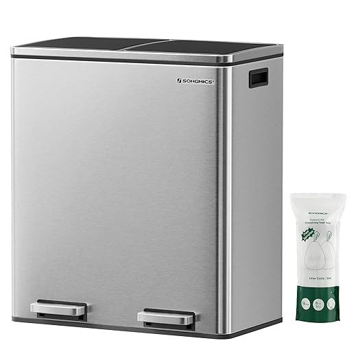 SONGMICS Trash Can, 2 x 8-Gallon Garbage Can for Kitchen, with 15 Trash Bags, 2 Compartments, Pla... | Amazon (US)