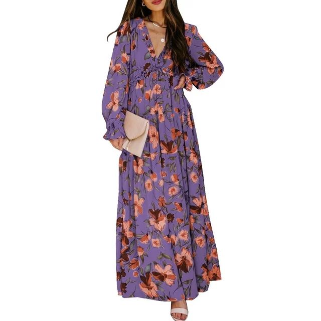 SHEWIN Womens Boho Floral Print Dress Summer Maxi Dresses Flowy Casual Long Sleeve Beach Party Sw... | Walmart (US)