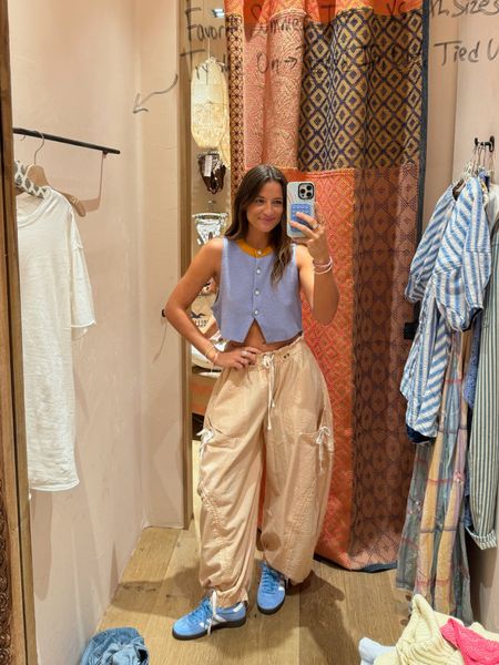 these colors are EVERYTHING🩵🧡 im convinced these bottoms are the perfect amount of baggy haha

everything is size XS!! 

linen pants, vest, spring outfit, adidas

#LTKSeasonal #LTKstyletip #LTKFestival