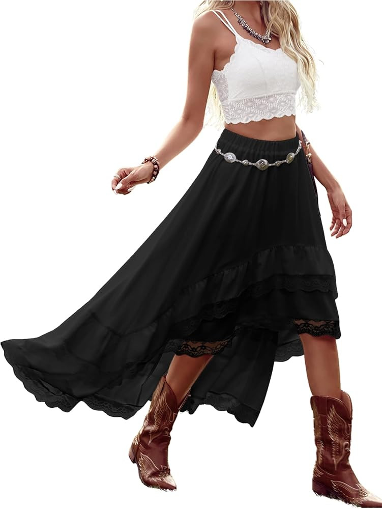 Verdusa Women's Boho Western Lace Asymmetric Hem Skirts Ruffle Cow Girl Skirts | Amazon (US)