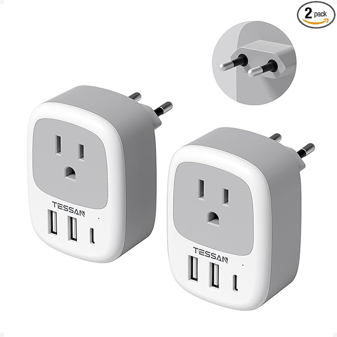 2 Pack European Travel Plug Adapter, TESSAN US to Europe Plug Adapter with 3 USB Ports (1 USB C),... | Amazon (US)