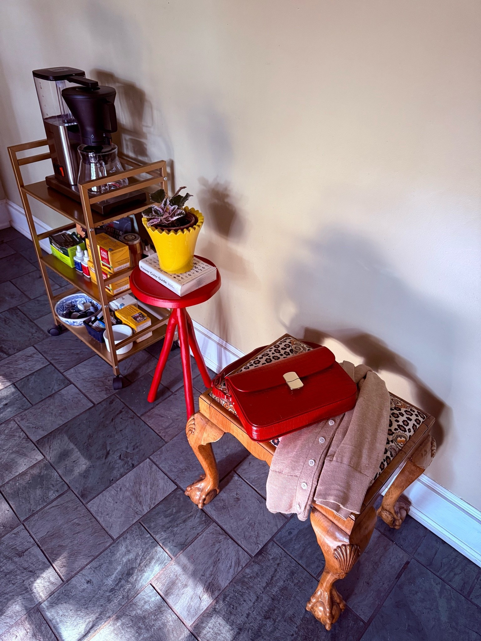 I use a bar cart for our coffee maker + coffee/tea assortment. This little red table is such a delight + is also available in green. I love having this bench in kitchen where I unload my purse + sweater when returning home.

#LTKdayinmylife #LTKmorningroutine #LTKHome