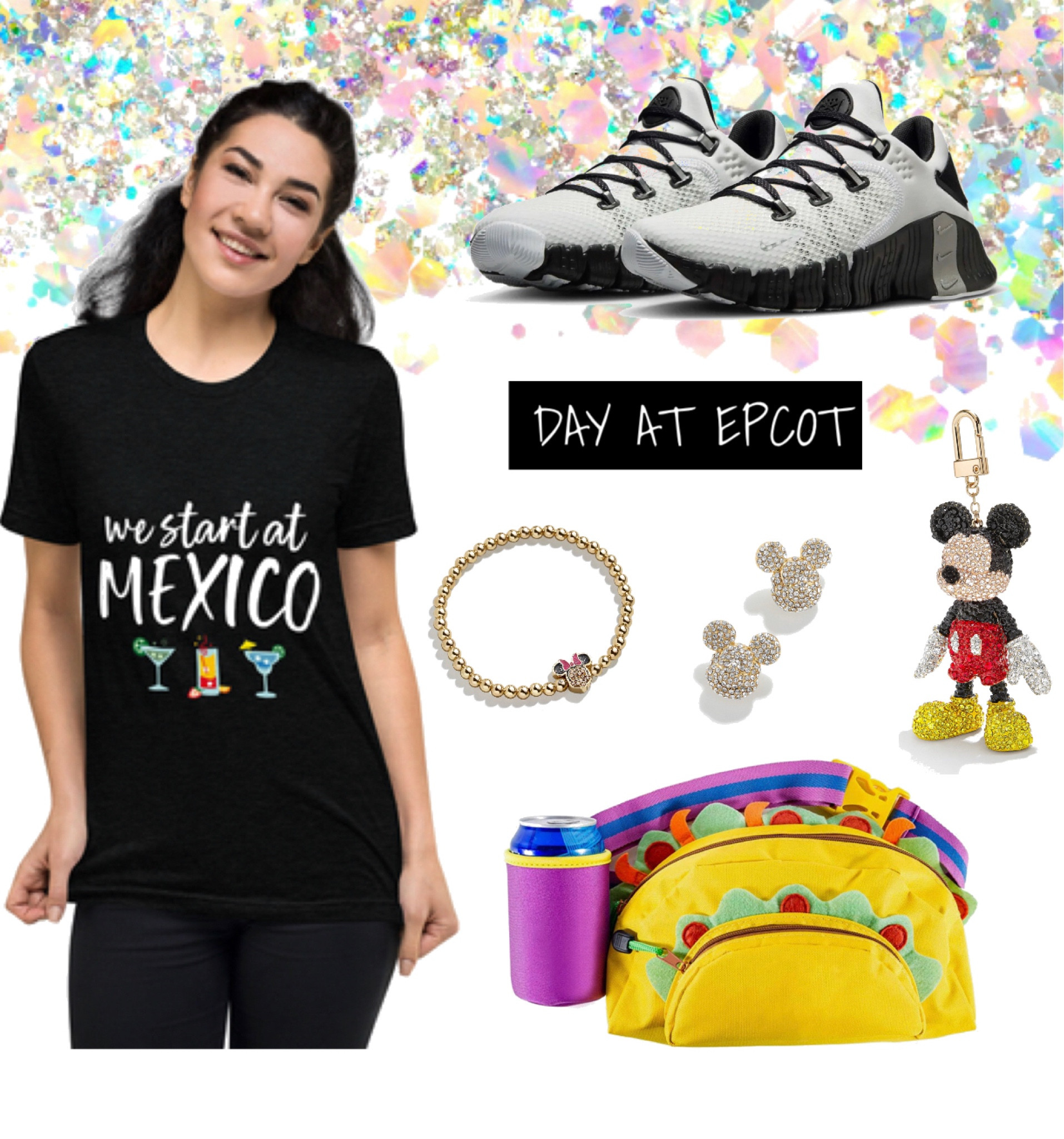 DISNEY // spring break. Family vacation. Vacation outfit. Epcot. Drinking around the world. Family shirts. Fanny pack. Funny. Tacos. Mexico. Running shoes. Tennis shoes. Mickey. Bauble bar. Earrings. Jewelry  