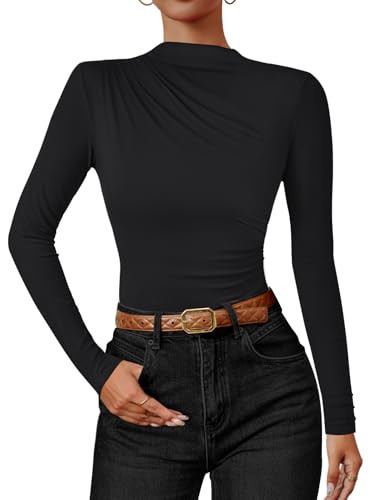 ZESICA Women's Long Sleeve Tops Mock Neck Ruched Tight Shirts 2025 Fall Trendy Outfits,Black,Large | Amazon (US)