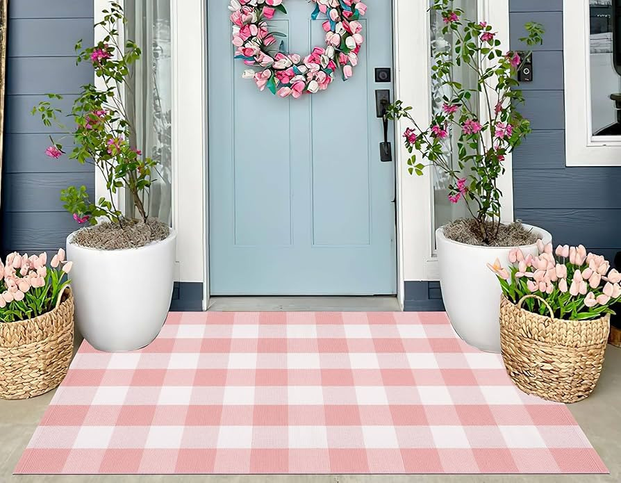 Buffalo Plaid Outdoor Rug 3'x5',Pink and White Farmhouse Porch Mat Hand-Woven Indoor or Outdoor F... | Amazon (US)