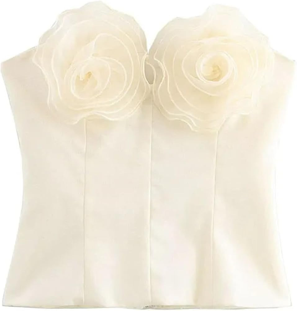 Women's Slim Fit Beige Off Shoulder Sleeveless Backless Applique Decoration Zipper Holiday Tops | Amazon (US)