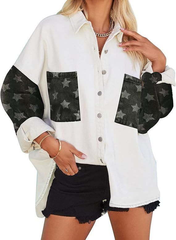 Happy Sailed Womens Leopard Contrast Denim Jackets Oversize Long Sleeve Button Down Pockets Jean Jac | Amazon (US)