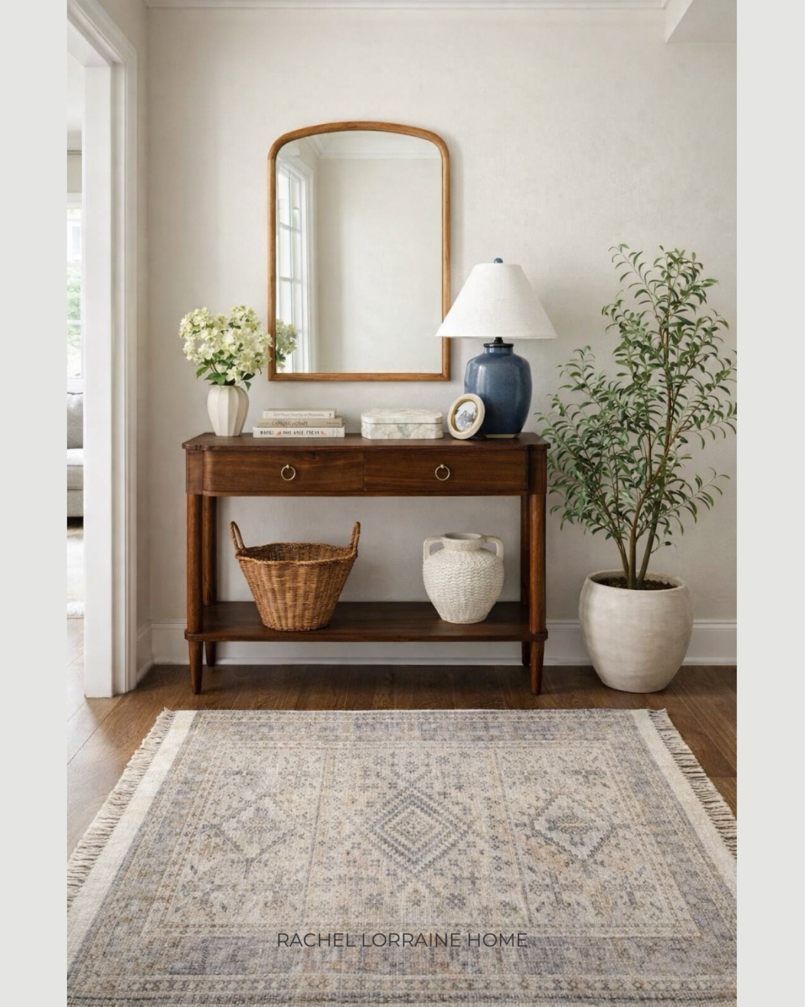 Entryway inspiration mockup— all from Target 🤍I mixed a few pieces from the new Studio McGee collection with some older favorites for a look that works year-round. The key is keeping the larger items neutral and simply swapping the florals or stems as the seasons change.

I added their new traditional wood console table, along with florals, wicker baskets, a beautiful blue lamp, stacked books, and a decorative box for concealed storage.

Everything is linked for easy browsing.

#LTKHome