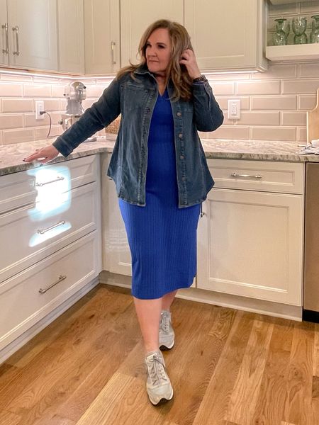 Gorgeous blue dress. And denim shirt jacket. Perfect elevated casual look for a warm winter early spring day. 

Size L in dress 
Size 2.0 in jacket 


#LTKunder100 #LTKFind #LTKworkwear