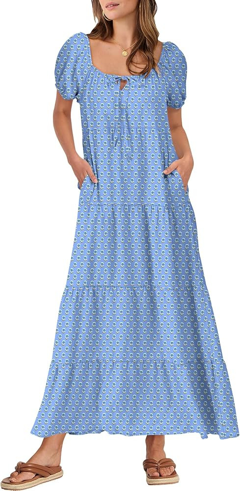 ANRABESS Women's Boho Maxi Dresses 2025 Summer Casual Floral Puff Short Sleeve Tie Front Flowy Sw... | Amazon (US)