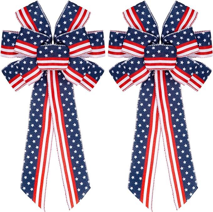 Whaline 2Pcs Large Patriotic Wreath Bow Red Blue Stars and Stripes Bow 4th of July American Flag ... | Amazon (US)