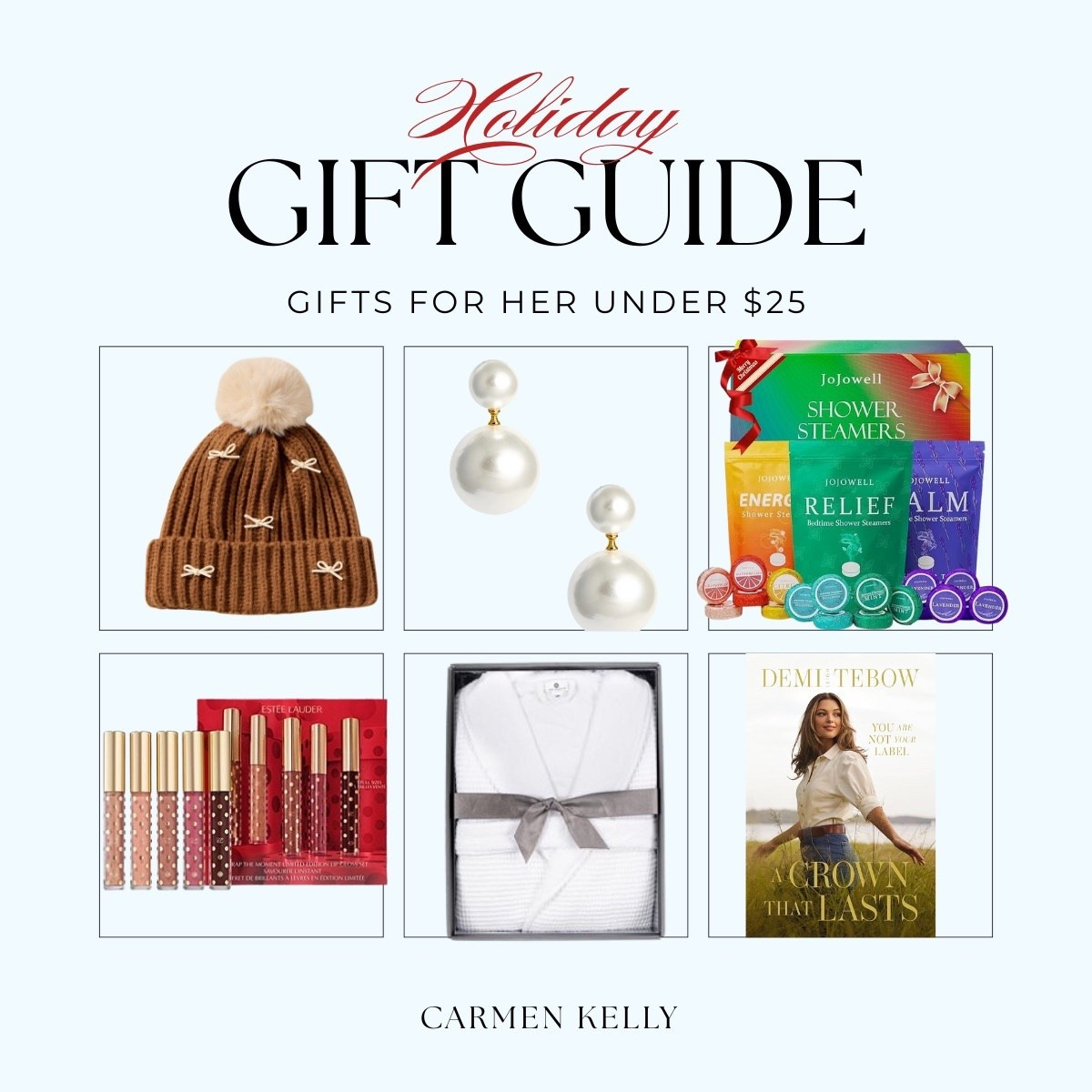 ✨ Holiday Gift Guide: Gifts for Her Under $25 ✨

If you’re looking for thoughtful, feminine gifts that feel luxe without the price tag… this roundup is for you! 🎁✨ These under-$25 finds make the sweetest stocking stuffers, coworker gifts, teacher surprises, or last-minute add-ons.

From cozy winter accessories to pretty pearls, relaxing shower steamers, bestselling lip gloss sets, a spa-soft robe, and an inspiring read — each pick feels elevated, useful, and so easy to gift.

Tap to shop these budget-friendly favorites that look far more expensive than they are. 🤍✨
Perfect for the gals who deserve a little extra holiday sparkle!

#GiftGuide  #GiftsForHer #HolidayGifting #Under25Gifts #BudgetFriendlyGifts  #LTKgindsunder25

#LTKFindsUnder50 #LTKGiftGuide #LTKHoliday