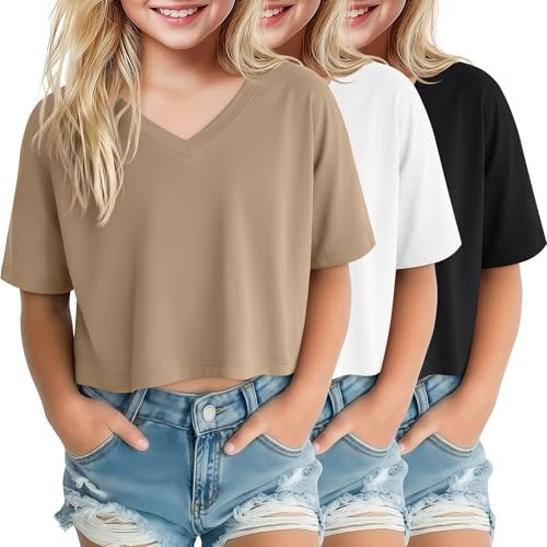 Oakgarden 3 Pack Girls Oversized Crop Tops Kids Short Sleeve V Neck Cropped T Shirts Summer Teen Workout Basic Tee Size 5-14Y(Khaki, White, Black,Medium) | Amazon (US)