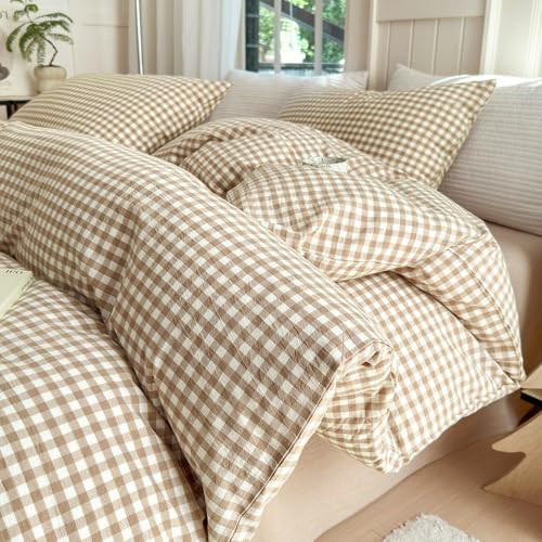 LifeTB Queen Comforter Set Tan Gingham Comforter Modern Style Beige Plaid Comforter Set 3 Pieces Fluffy Grid Checkered Comforter with 2 Pillowcases Boho Gingham Bedding Set Queen Size | Amazon (US)