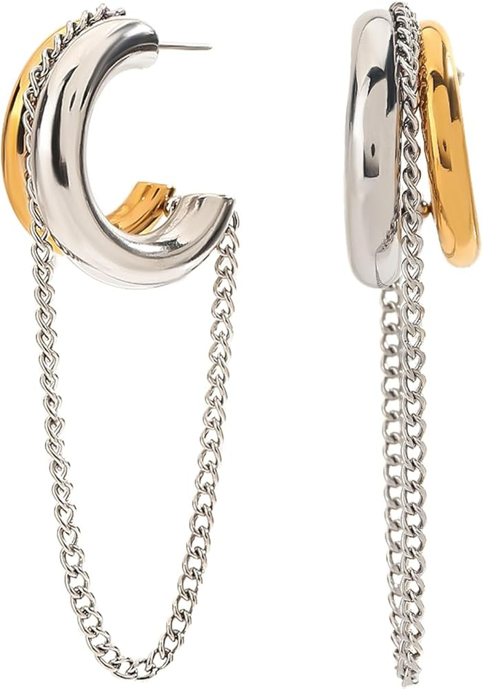 Gold and Silver Tassel Chain Hoop Earrings for Women Trendy Two Tone Dangling Chain Earrings Hypo... | Amazon (US)