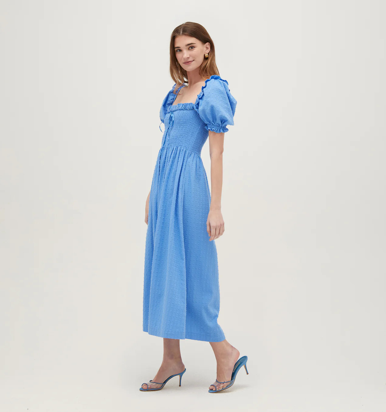 The Scarlett Midi Nap Dress - Hydrangea Blue Textured Clip Dot | Hill House Home