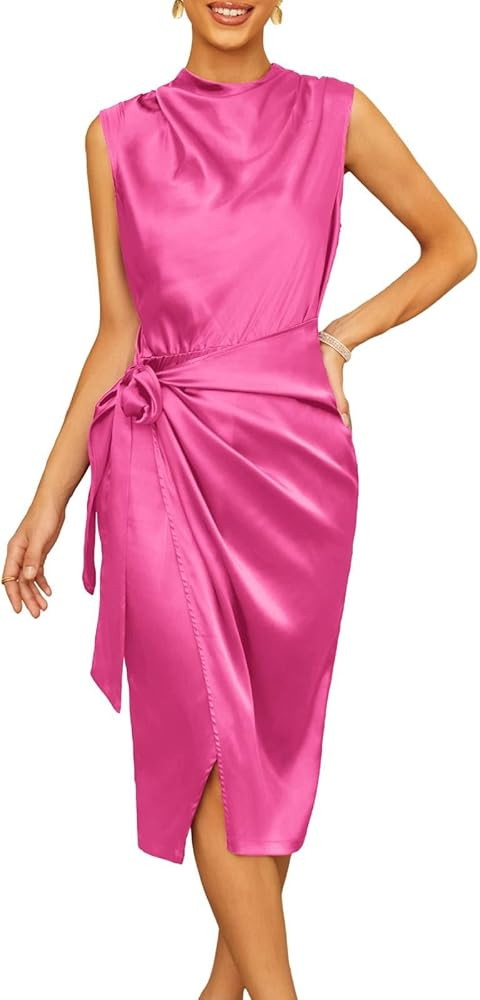 GRACE KARIN Women's Satin Sleeveless Mock Neck Keyhole Bodycon Dresses Cowl Neck Tie Waist Faux W... | Amazon (US)