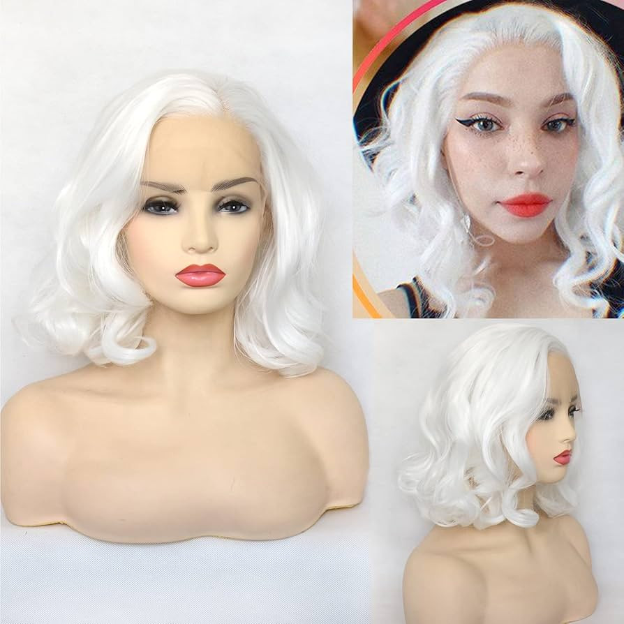 White Lace Front Wig Short Wavy Bob Style Platinum White 1001# Loose Wave Curly Synthetic Hair Si... | Amazon (US)