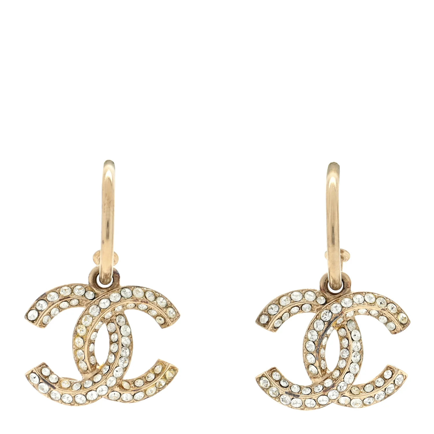 Metal Crystal Studded CC Hoop Drop Earrings Gold | FASHIONPHILE (US)