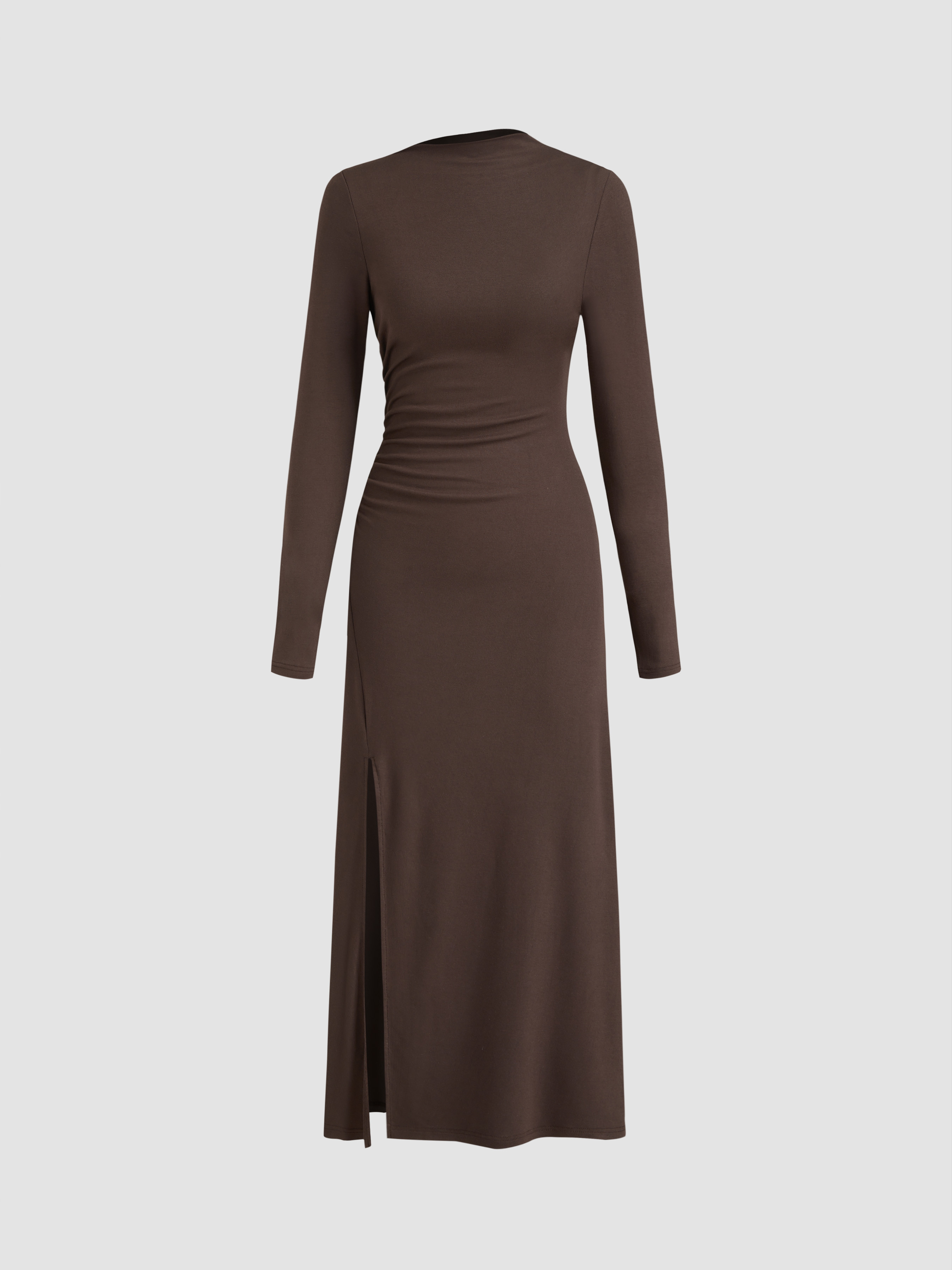 Knit Fabric Asymmetrical Neck Split Ruched Maxi Dress For Work | Cider