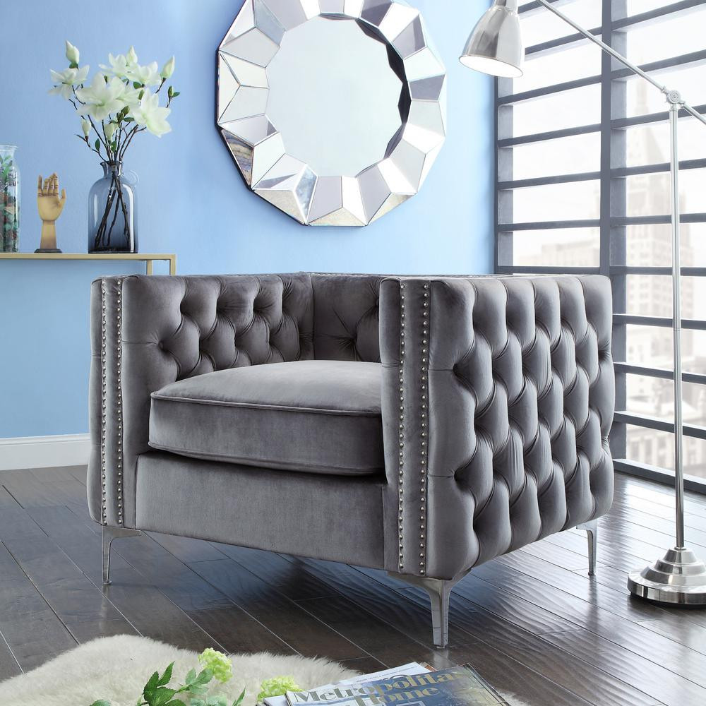 Inspired Home Olivia Velvet Club Arm Chair Grey Button Tufted Nailhead Trim Metal Y-Leg, Grey/Silver | The Home Depot